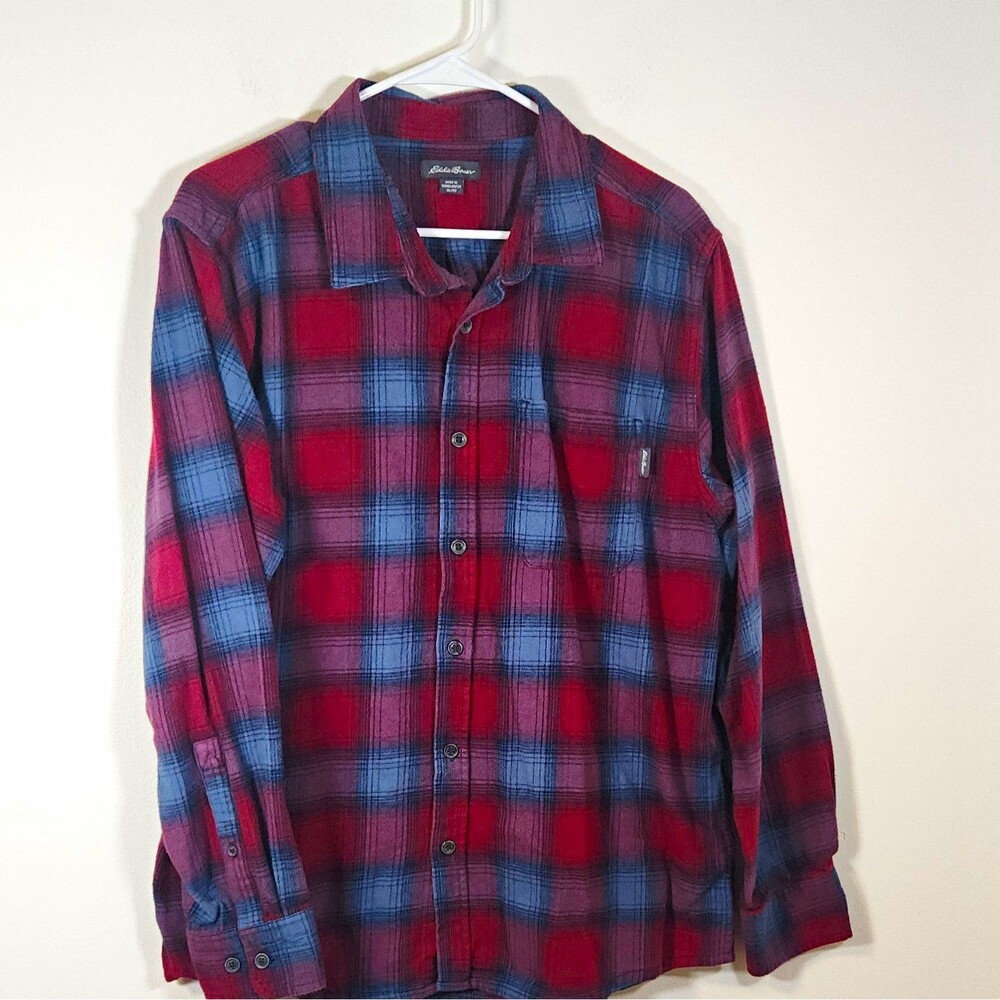 Eddie Bauer Flannel Cotton Red Blue Plaid Button-Up Long Sleeve Shirt XL